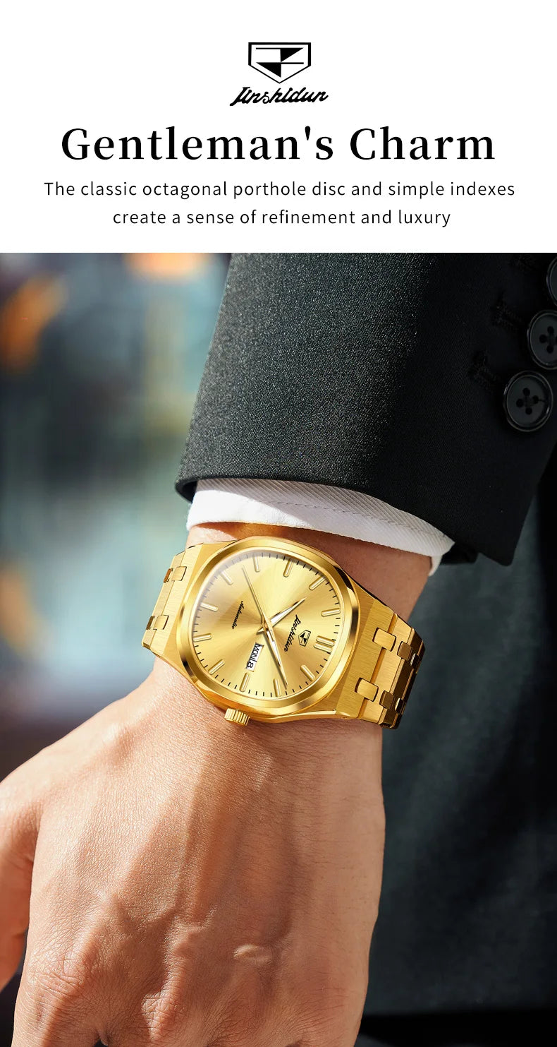 JSDUN 8966 Full Gold Watch for Men Automatic Mechanical Dual Calendar Display Waterproof Night light Man Wristwatch - EverythingWhatYouWant