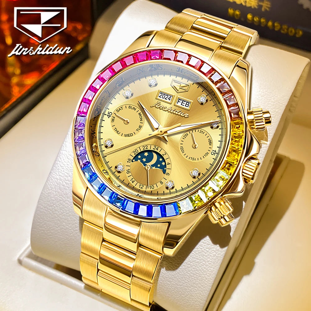 JSDUN 8974 New Moon Phase Automatic Watch for Men Gold Steel Strap Rainbow Diamond Lap Luxury Original Brand Mehcanical Watches - EverythingWhatYouWant