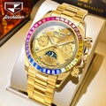 JSDUN 8974 New Moon Phase Automatic Watch for Men Gold Steel Strap Rainbow Diamond Lap Luxury Original Brand Mehcanical Watches - EverythingWhatYouWant