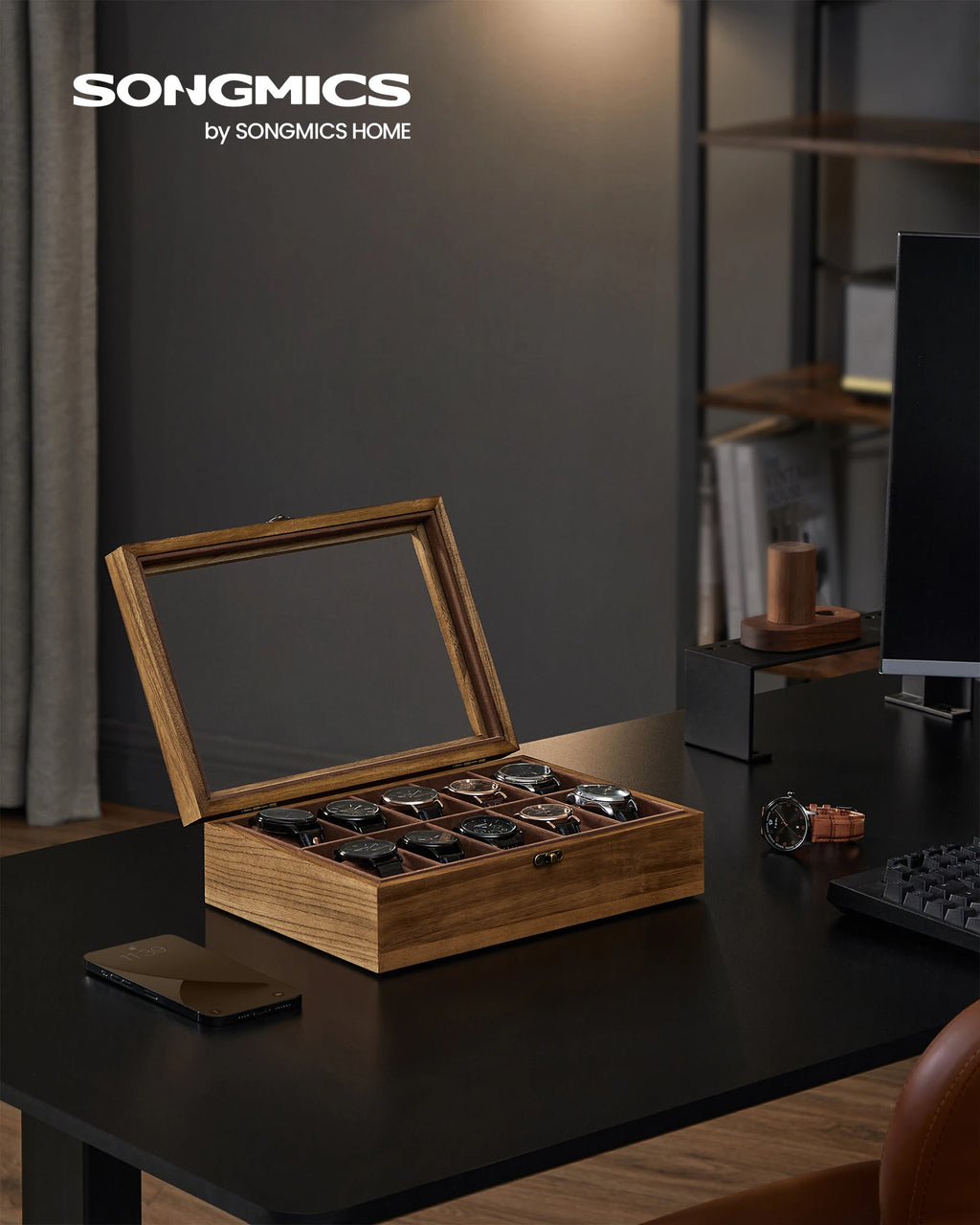 SONGMICS 10-Slot Watch Box, Watch Display Case with Large Glass Lid, Removable Watch Pillows, Velvet Lining - EverythingWhatYouWant