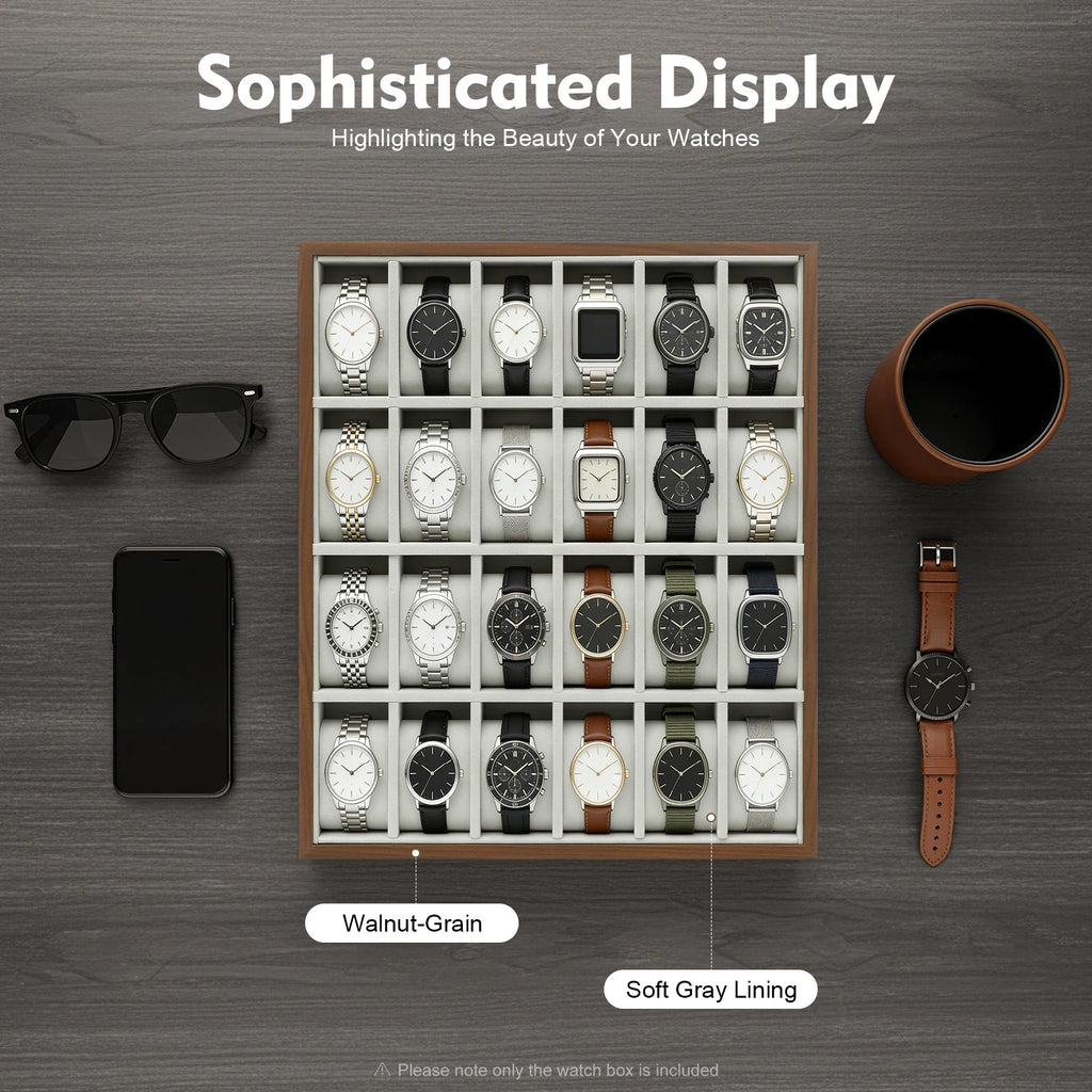 24 Slot Watch Box Watch Organizer Display Case Watch Collector Box with Removable Pillows for Watch Bracelet Cufflink - EverythingWhatYouWant