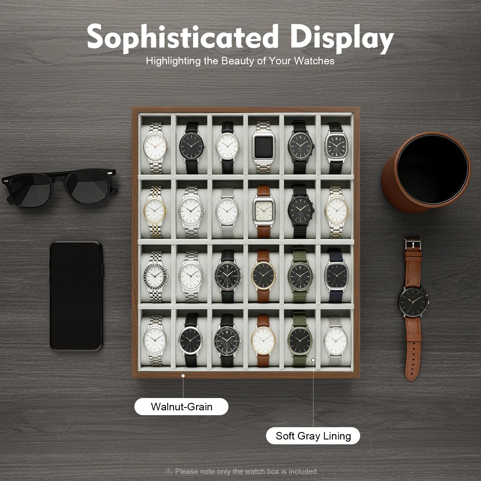 24 Slot Watch Box Watch Organizer Display Case Watch Collector Box with Removable Pillows for Watch Bracelet Cufflink - EverythingWhatYouWant