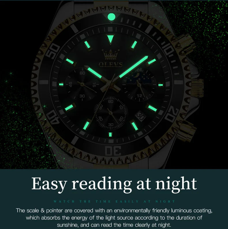 OLEVS Original Quartz Watch for Men Stainless Steel Waterproof Chronograph Moon Phase Auto Date Luxury Men's Sports Wristwatches - EverythingWhatYouWant