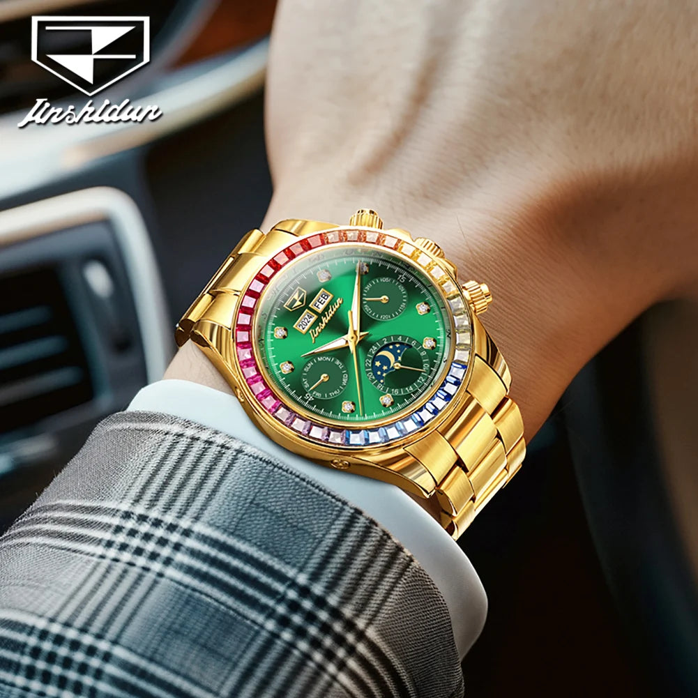 JSDUN 8974 New Moon Phase Automatic Watch for Men Gold Steel Strap Rainbow Diamond Lap Luxury Original Brand Mehcanical Watches - EverythingWhatYouWant