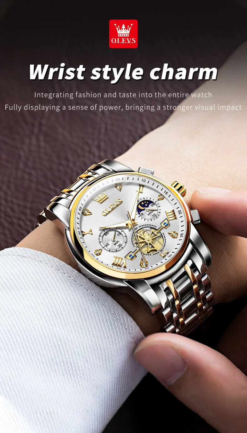 OLEVS 2856 Quartz Watch for Men Flywheel Skeleton Chronograph Moon Phase Multifunctional Stainless steel Men's Wristwatches - EverythingWhatYouWant