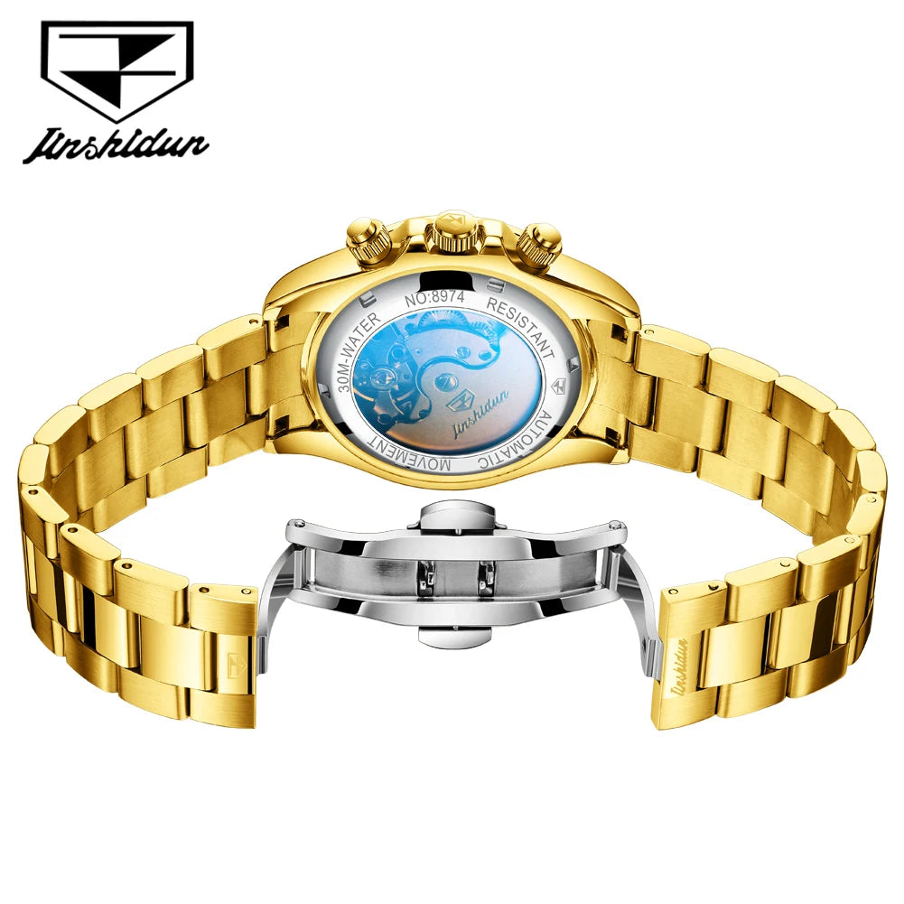 JSDUN 8974 New Moon Phase Automatic Watch for Men Gold Steel Strap Rainbow Diamond Lap Luxury Original Brand Mehcanical Watches - EverythingWhatYouWant