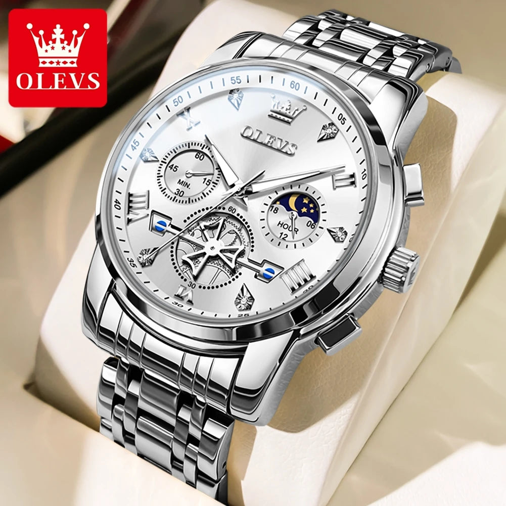 OLEVS 2856 Quartz Watch for Men Flywheel Skeleton Chronograph Moon Phase Multifunctional Stainless steel Men's Wristwatches - EverythingWhatYouWant