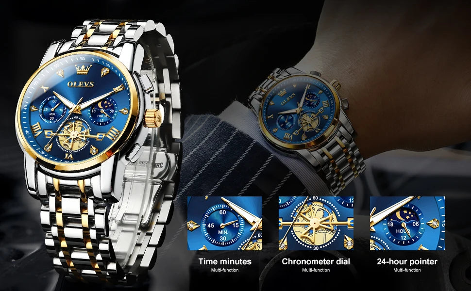 OLEVS 2856 Quartz Watch for Men Flywheel Skeleton Chronograph Moon Phase Multifunctional Stainless steel Men's Wristwatches - EverythingWhatYouWant