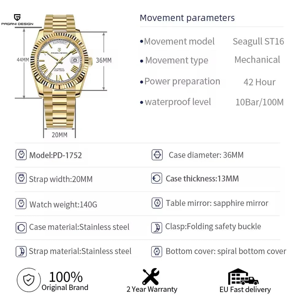 PAGANI DESIGN New Week Calendar Type Man watch ST16 Movt Waterproof Mechanical Watch 316L All Steel Luxury Luminous Men watch - EverythingWhatYouWant