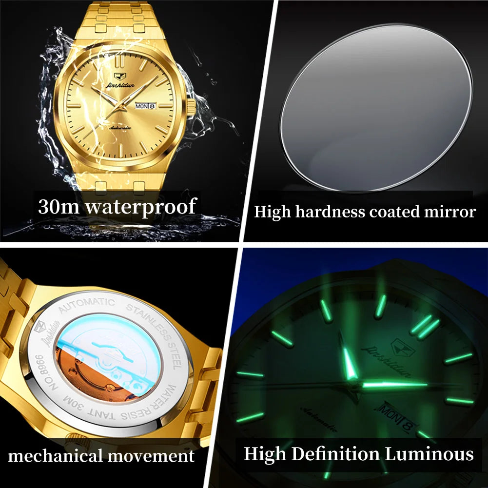JSDUN 8966 Full Gold Watch for Men Automatic Mechanical Dual Calendar Display Waterproof Night light Man Wristwatch - EverythingWhatYouWant