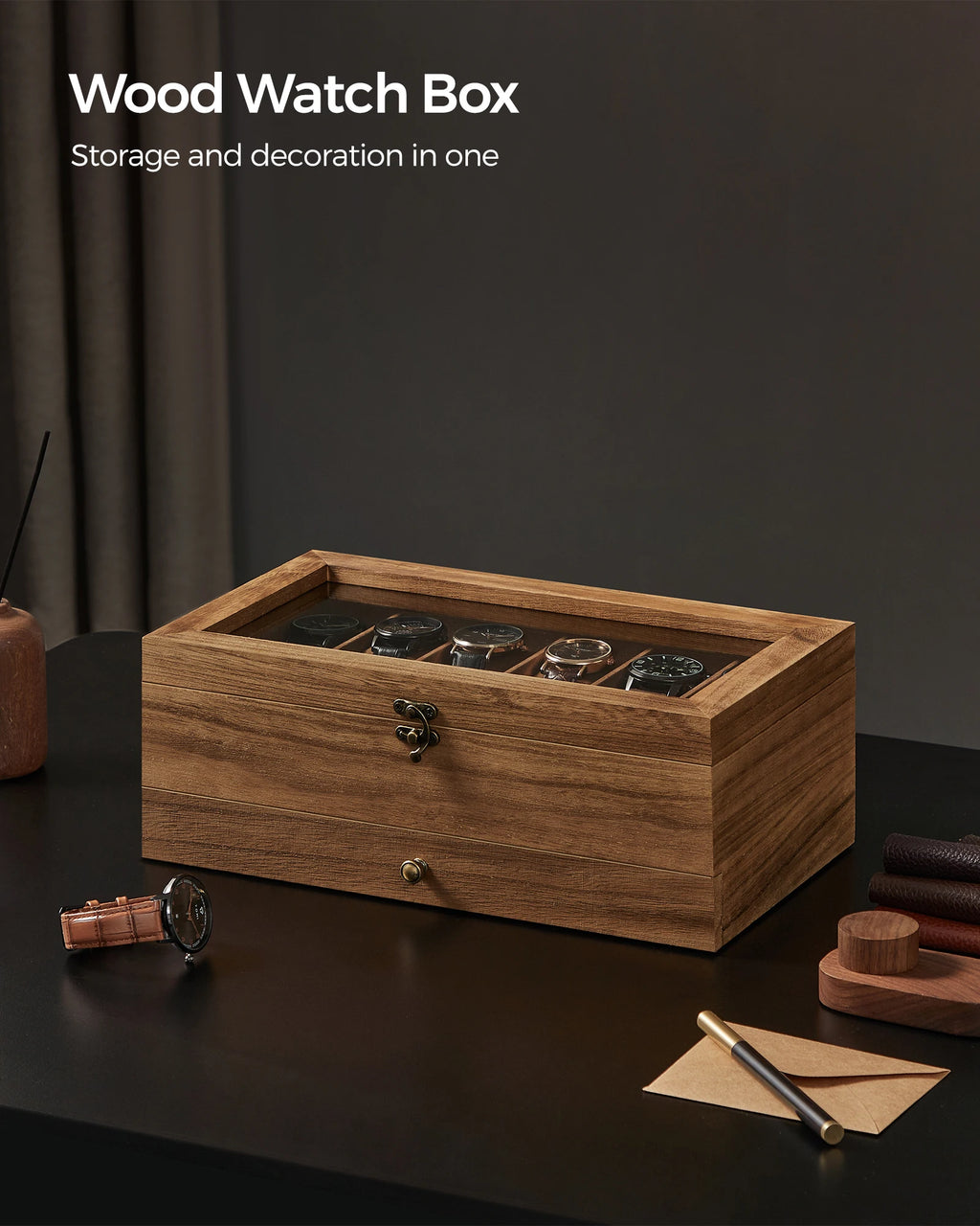 SONGMICS 12-Slot Watch Box, 2-Tier Watch Display Case with Large Glass Lid, Removable Watch Pillows, Velvet Lining, Jewelry Box - EverythingWhatYouWant