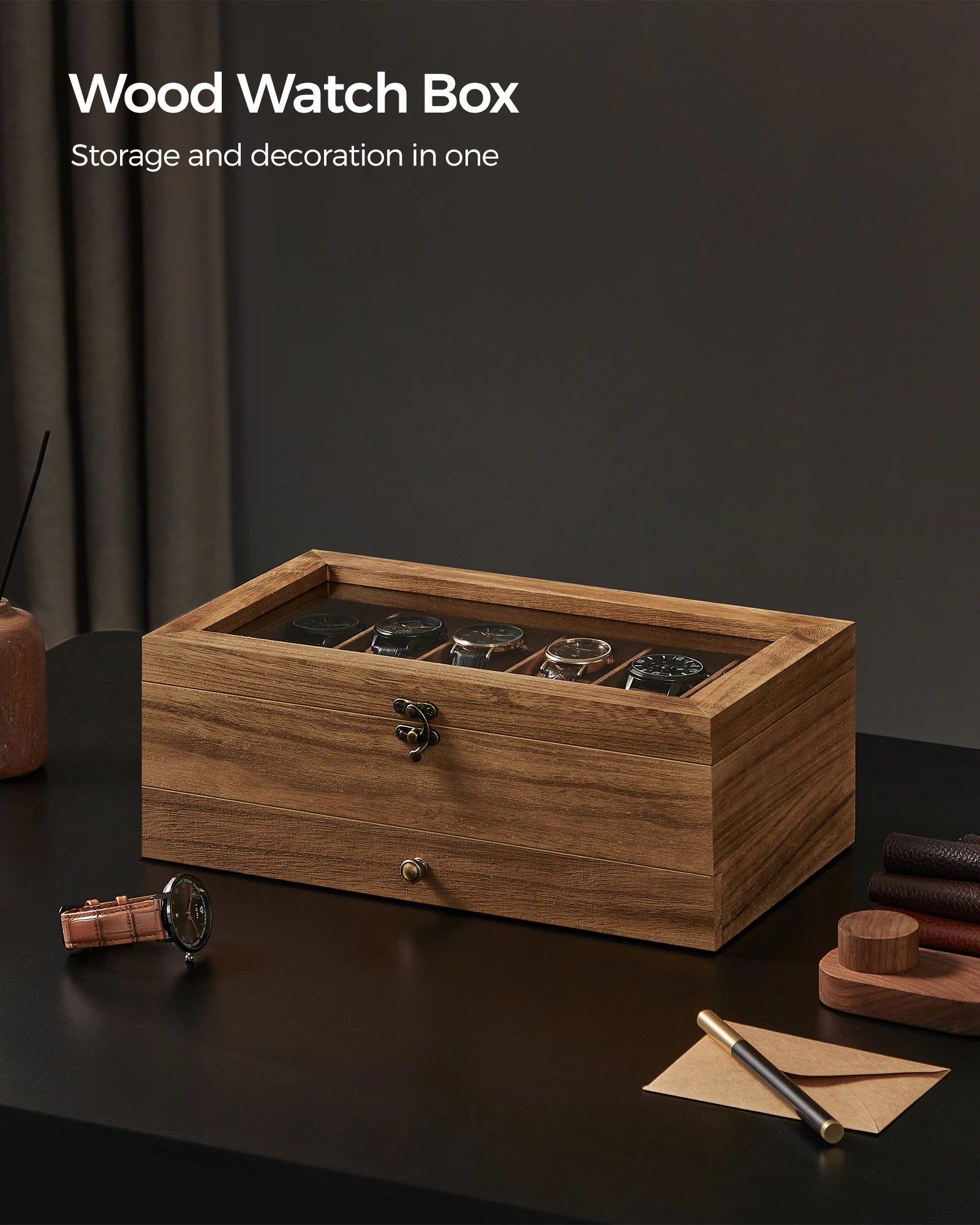 SONGMICS 12-Slot Watch Box, 2-Tier Watch Display Case with Large Glass Lid, Removable Watch Pillows, Velvet Lining, Jewelry Box - EverythingWhatYouWant