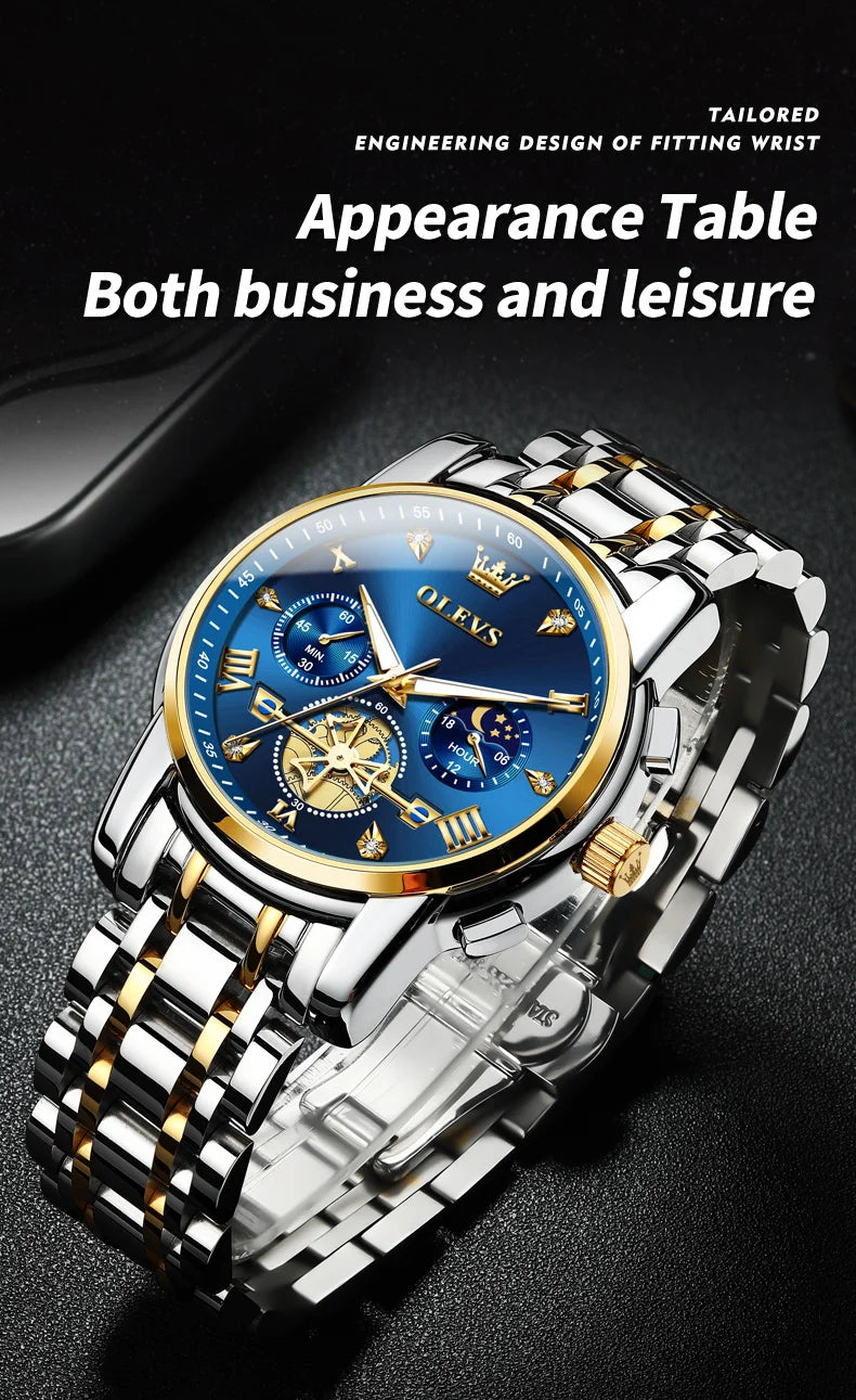 OLEVS 2856 Quartz Watch for Men Flywheel Skeleton Chronograph Moon Phase Multifunctional Stainless steel Men's Wristwatches - EverythingWhatYouWant