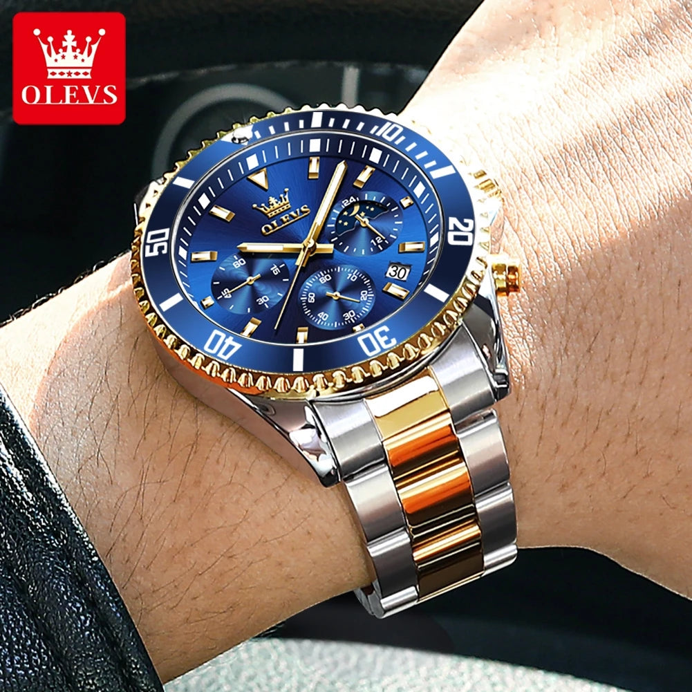 OLEVS Original Quartz Watch for Men Stainless Steel Waterproof Chronograph Moon Phase Auto Date Luxury Men's Sports Wristwatches - EverythingWhatYouWant