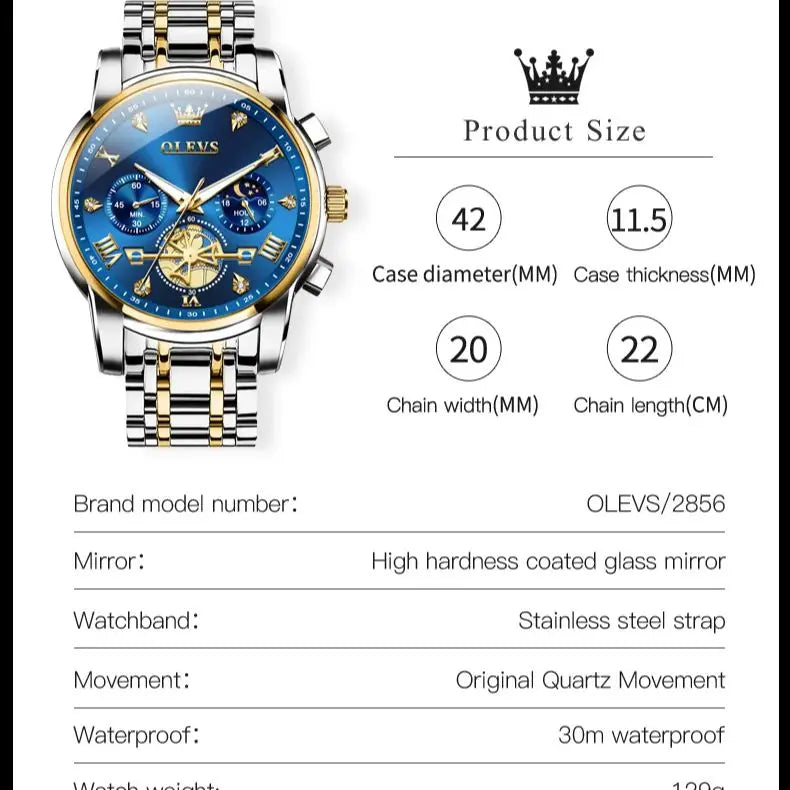 OLEVS 2856 Quartz Watch for Men Flywheel Skeleton Chronograph Moon Phase Multifunctional Stainless steel Men's Wristwatches - EverythingWhatYouWant