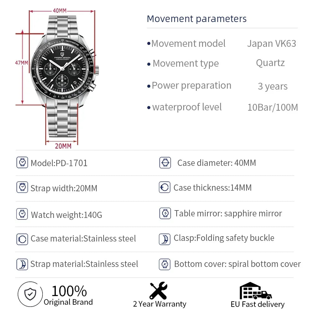 2026 New PAGANI DESIGN V6 Moon Men's Watcher Chronograph Quartz Watch Men Luxury AR Sapphire Ceramic Bezel Waterproof Luminous - EverythingWhatYouWant