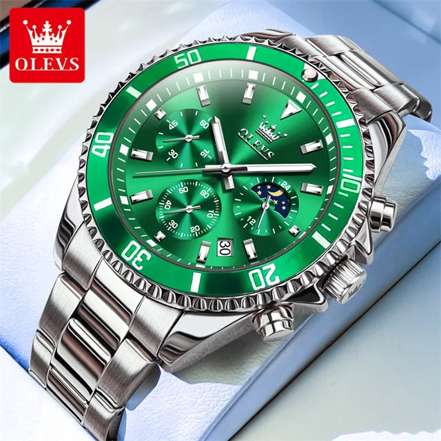 OLEVS Original Quartz Watch for Men Stainless Steel Waterproof Chronograph Moon Phase Auto Date Luxury Men's Sports Wristwatches - EverythingWhatYouWant