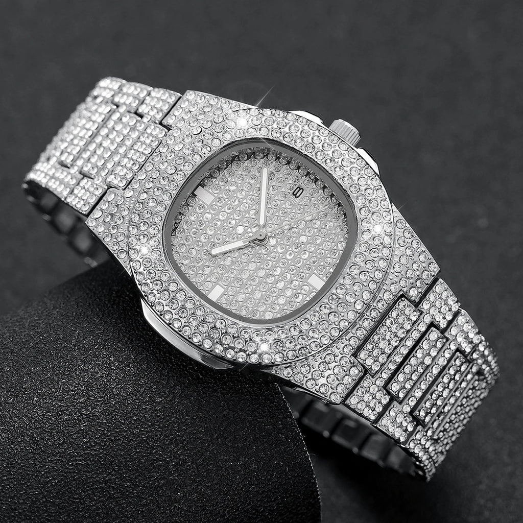 Luxury Full Diamond Men's Stainless Steel Watches Male Sports Quartz Wristwatch with Calendar - EverythingWhatYouWant
