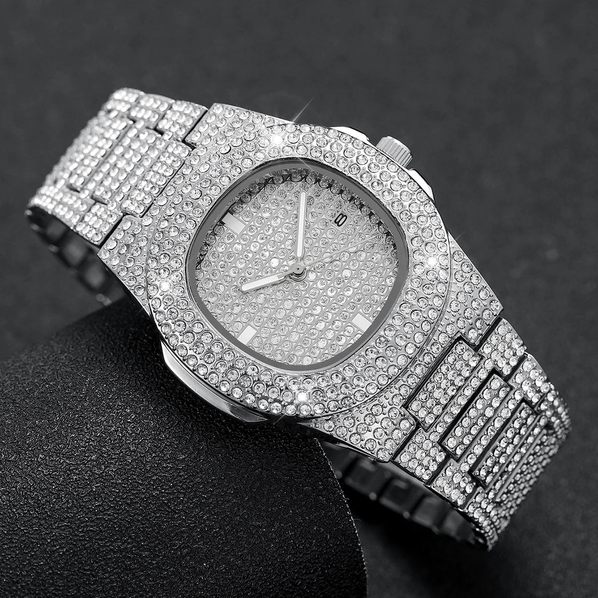 Luxury Full Diamond Men's Stainless Steel Watches Male Sports Quartz Wristwatch with Calendar - EverythingWhatYouWant