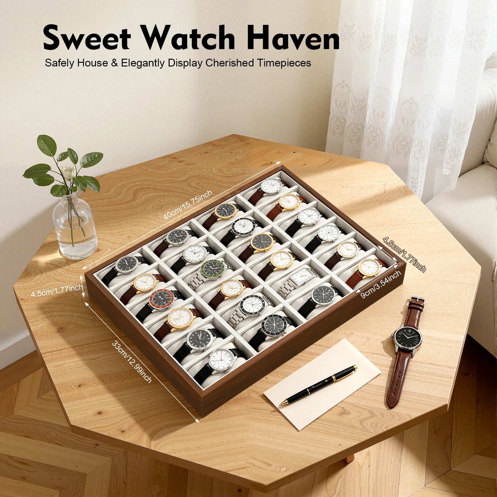 24 Slot Watch Box Watch Organizer Display Case Watch Collector Box with Removable Pillows for Watch Bracelet Cufflink - EverythingWhatYouWant