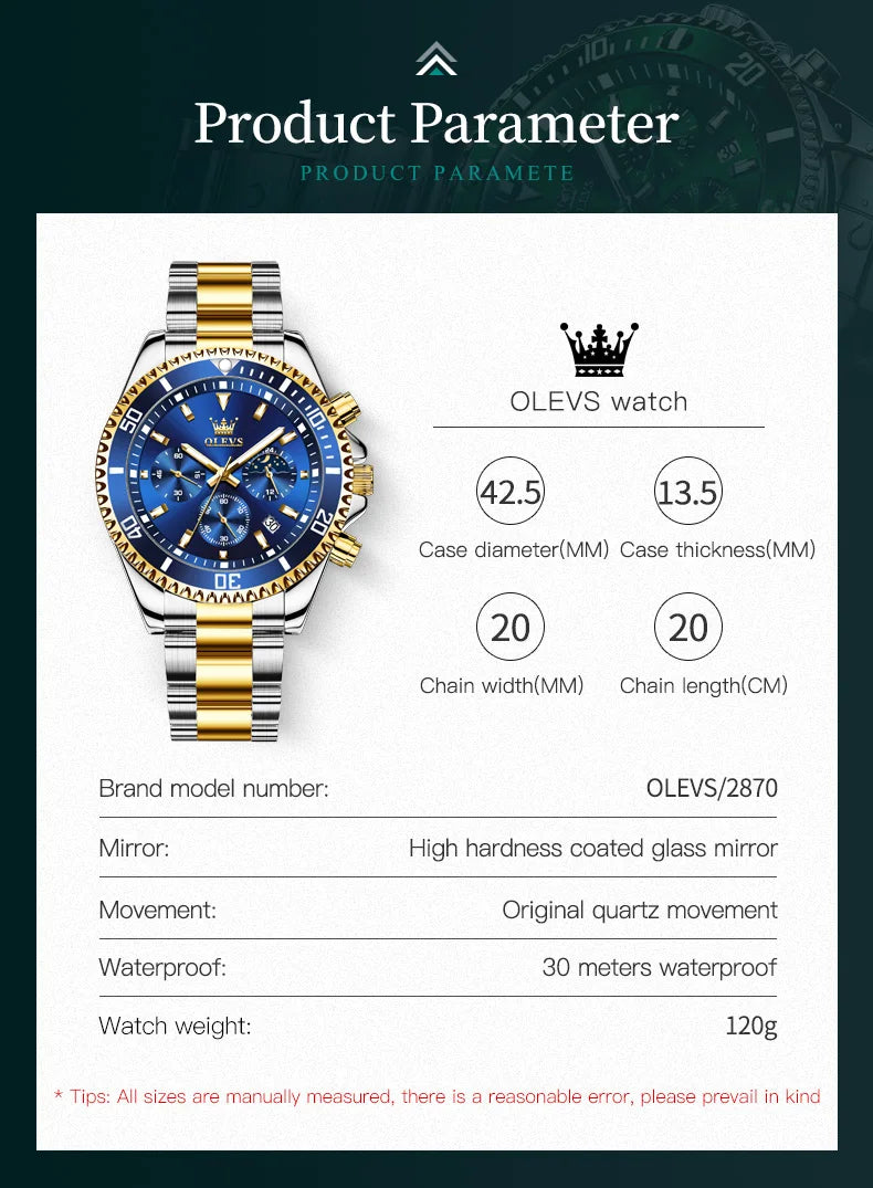 OLEVS Original Quartz Watch for Men Stainless Steel Waterproof Chronograph Moon Phase Auto Date Luxury Men's Sports Wristwatches - EverythingWhatYouWant