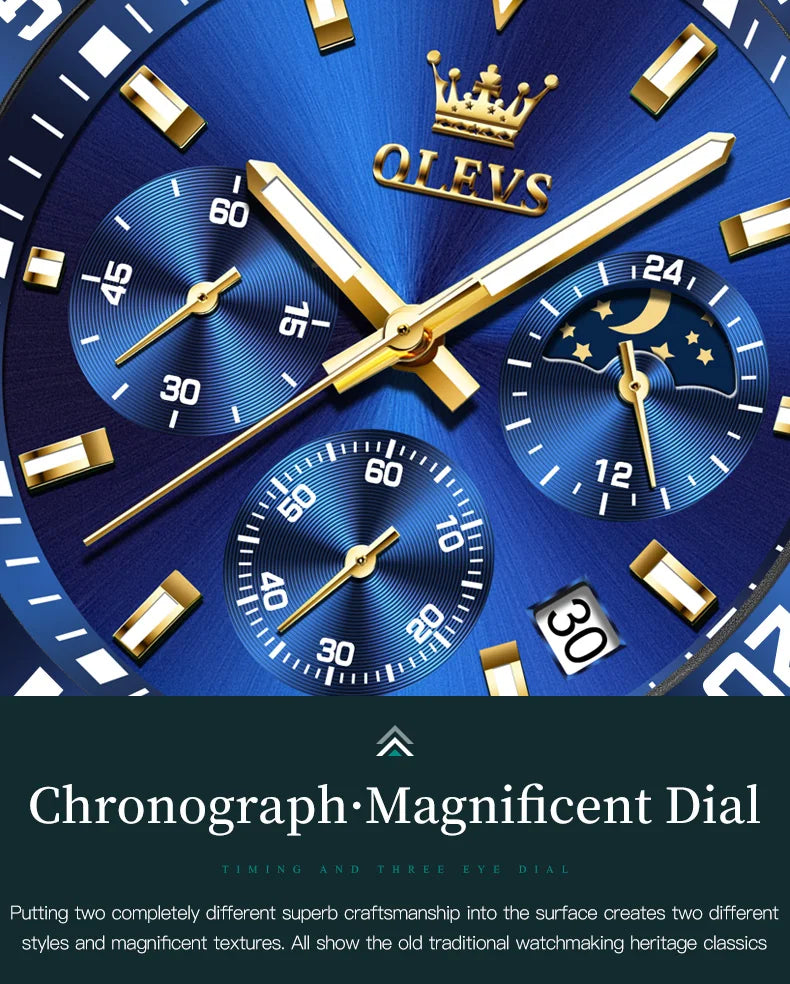 OLEVS Original Quartz Watch for Men Stainless Steel Waterproof Chronograph Moon Phase Auto Date Luxury Men's Sports Wristwatches - EverythingWhatYouWant