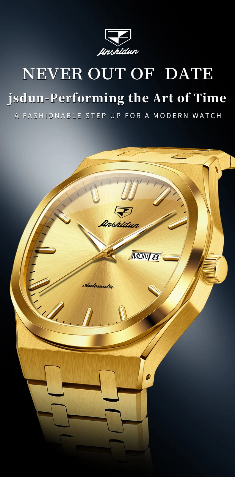JSDUN 8966 Full Gold Watch for Men Automatic Mechanical Dual Calendar Display Waterproof Night light Man Wristwatch - EverythingWhatYouWant
