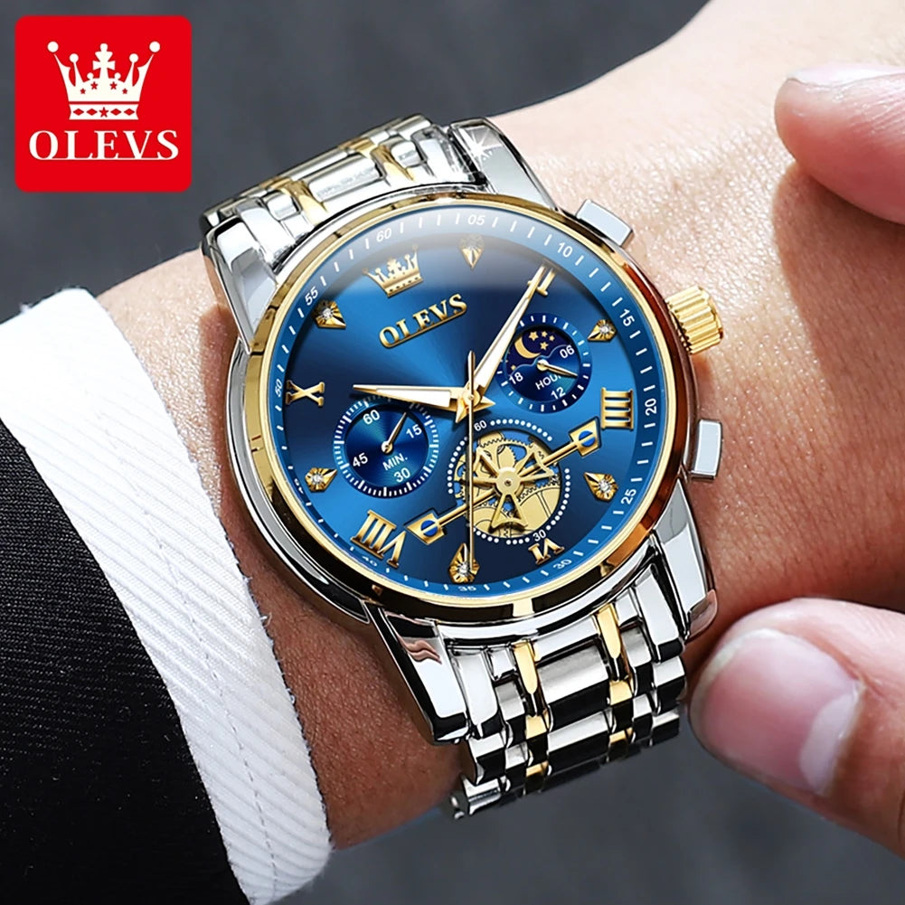 OLEVS 2856 Quartz Watch for Men Flywheel Skeleton Chronograph Moon Phase Multifunctional Stainless steel Men's Wristwatches - EverythingWhatYouWant