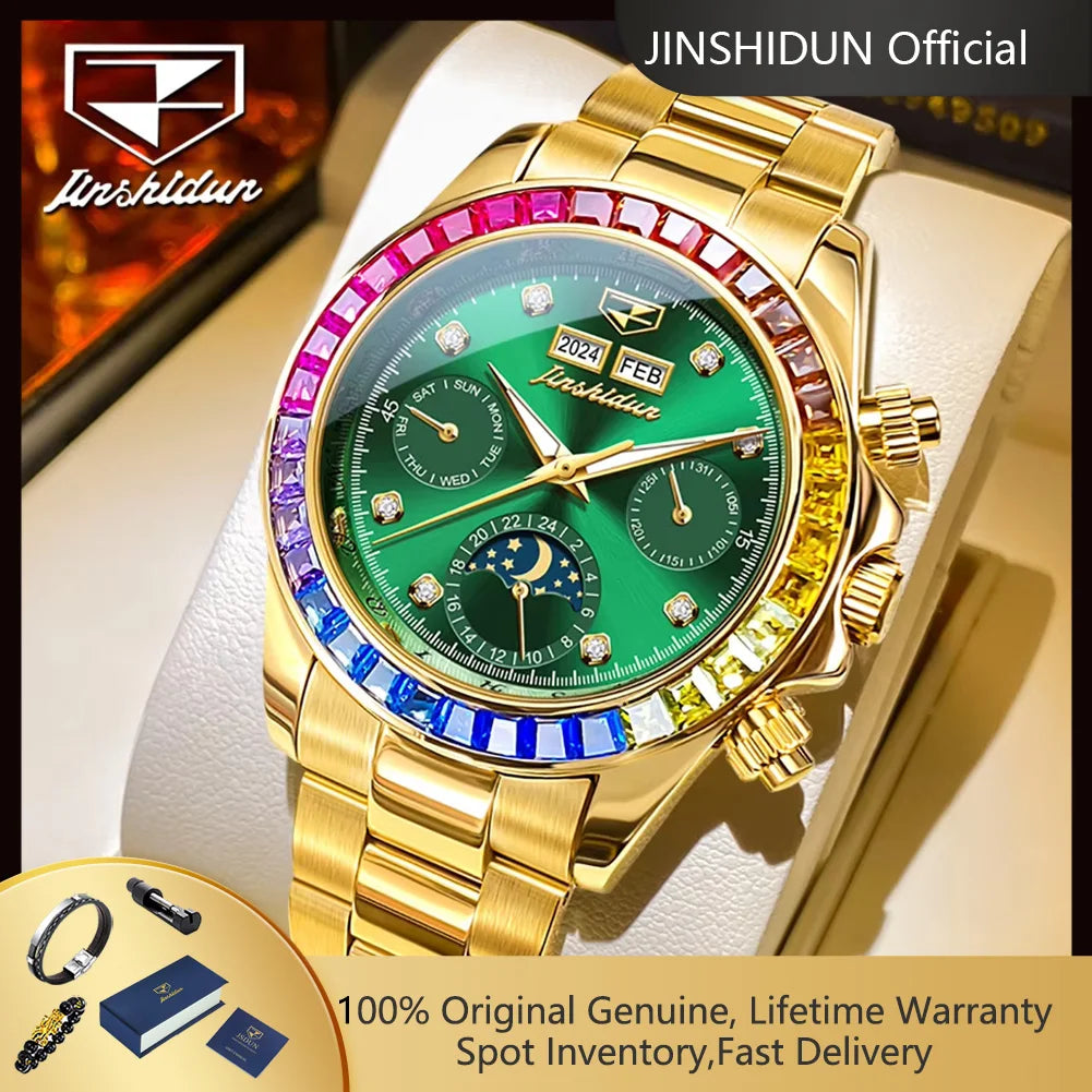 JSDUN 8974 New Moon Phase Automatic Watch for Men Gold Steel Strap Rainbow Diamond Lap Luxury Original Brand Mehcanical Watches - EverythingWhatYouWant