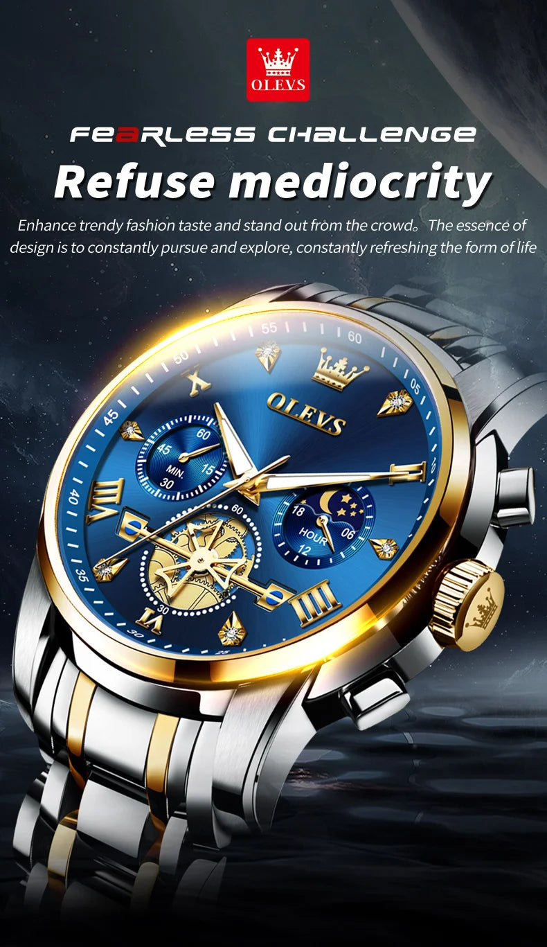 OLEVS 2856 Quartz Watch for Men Flywheel Skeleton Chronograph Moon Phase Multifunctional Stainless steel Men's Wristwatches - EverythingWhatYouWant