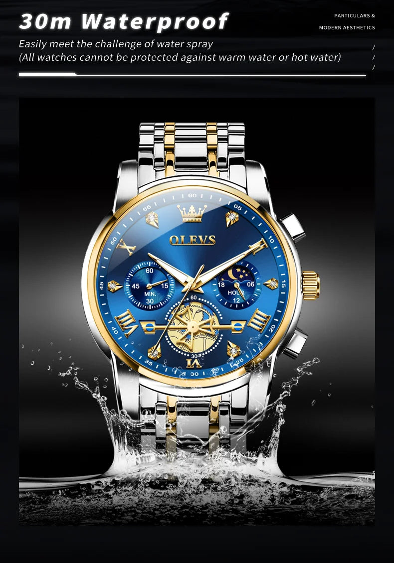 OLEVS 2856 Quartz Watch for Men Flywheel Skeleton Chronograph Moon Phase Multifunctional Stainless steel Men's Wristwatches - EverythingWhatYouWant