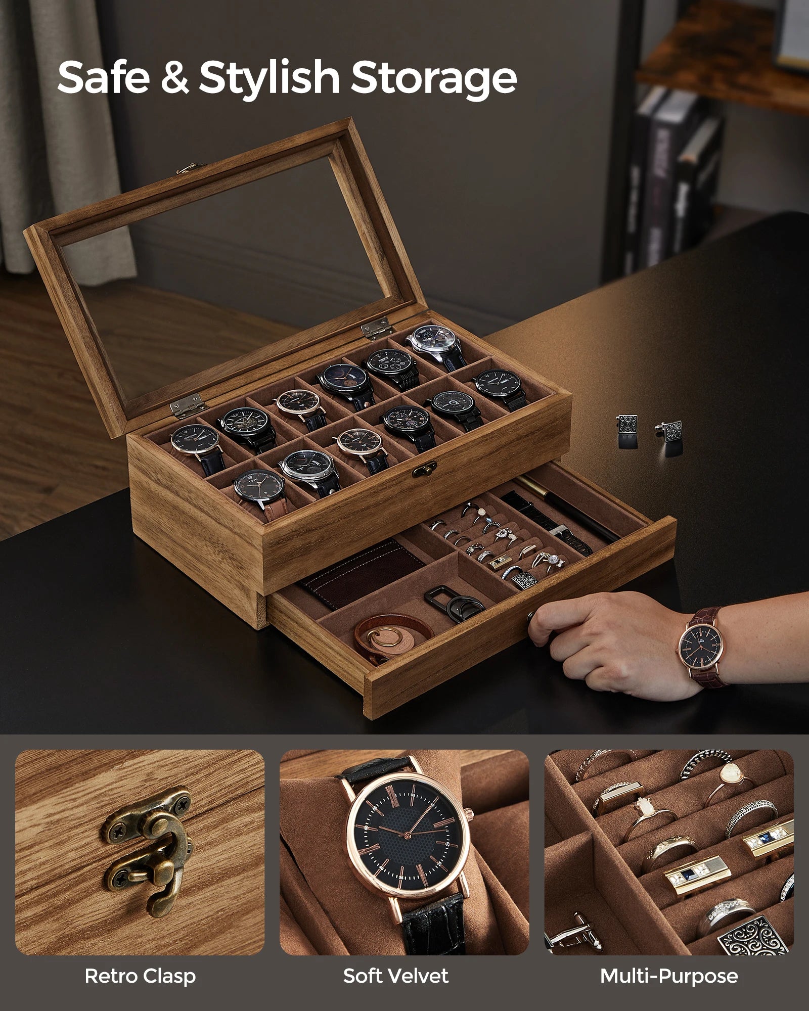 SONGMICS 12-Slot Watch Box, 2-Tier Watch Display Case with Large Glass Lid, Removable Watch Pillows, Velvet Lining, Jewelry Box - EverythingWhatYouWant