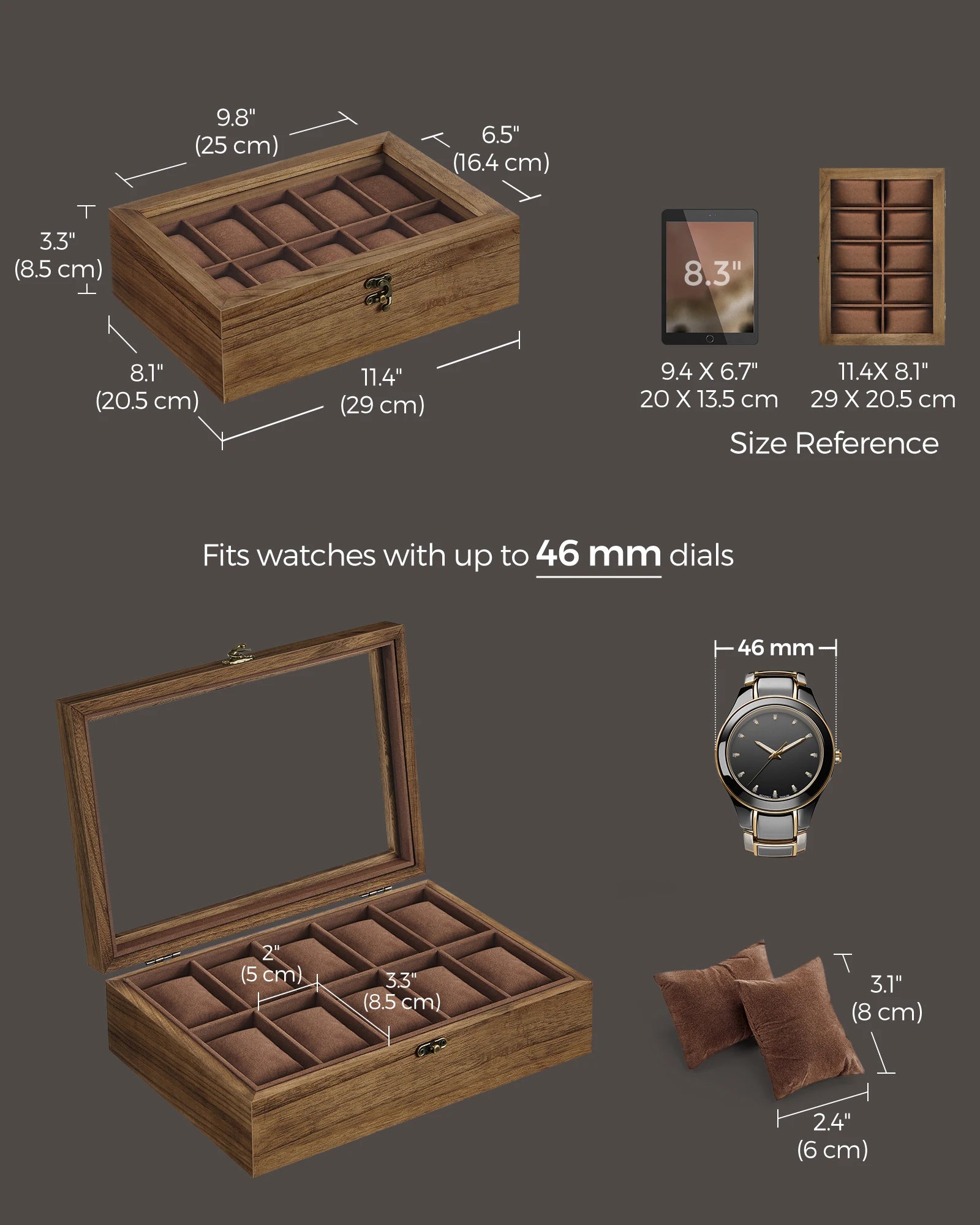 SONGMICS 10-Slot Watch Box, Watch Display Case with Large Glass Lid, Removable Watch Pillows, Velvet Lining - EverythingWhatYouWant
