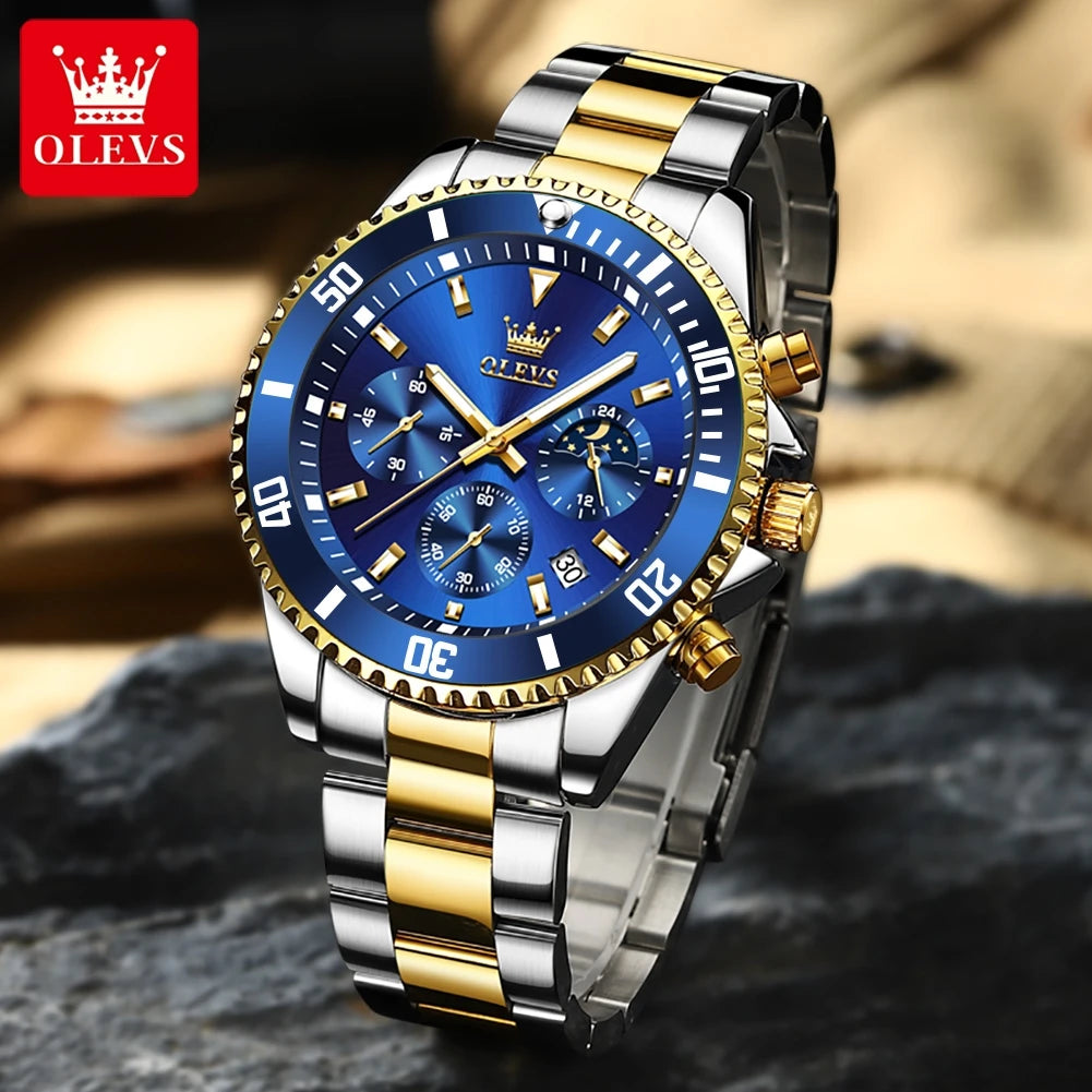 OLEVS Original Quartz Watch for Men Stainless Steel Waterproof Chronograph Moon Phase Auto Date Luxury Men's Sports Wristwatches - EverythingWhatYouWant