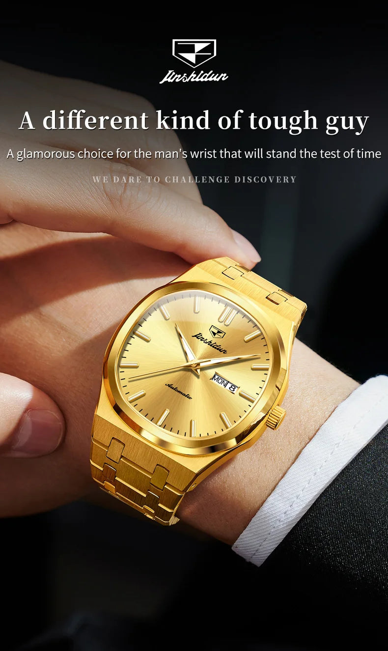 JSDUN 8966 Full Gold Watch for Men Automatic Mechanical Dual Calendar Display Waterproof Night light Man Wristwatch - EverythingWhatYouWant