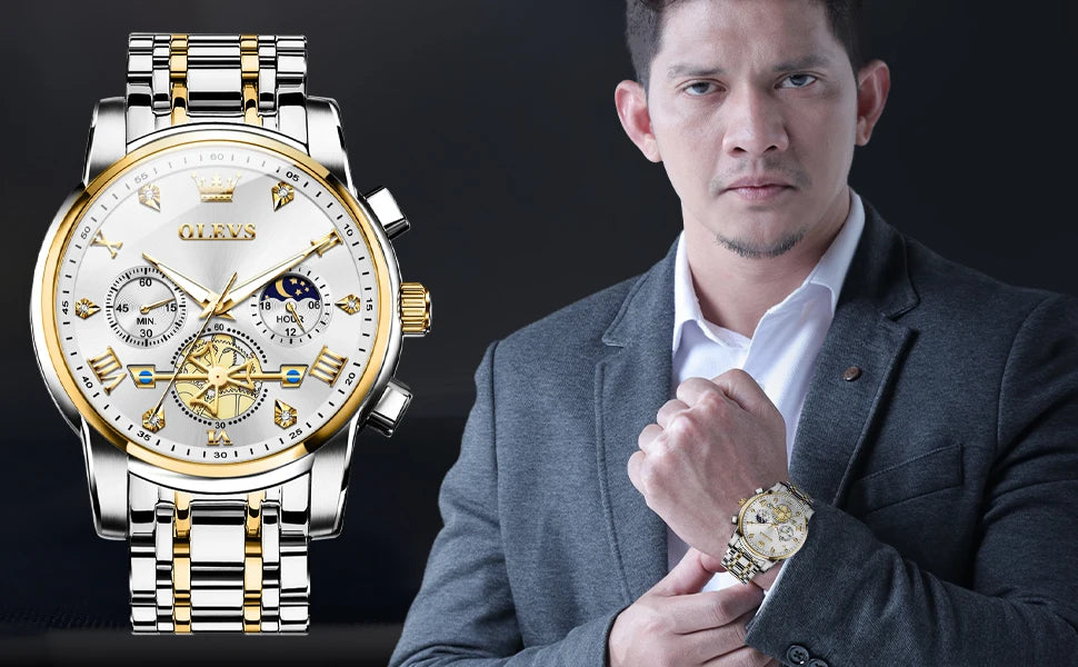 OLEVS 2856 Quartz Watch for Men Flywheel Skeleton Chronograph Moon Phase Multifunctional Stainless steel Men's Wristwatches - EverythingWhatYouWant