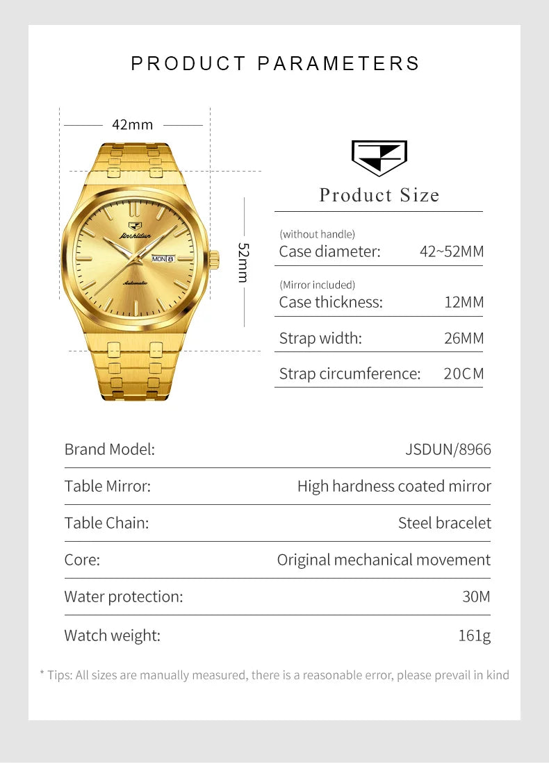 JSDUN 8966 Full Gold Watch for Men Automatic Mechanical Dual Calendar Display Waterproof Night light Man Wristwatch - EverythingWhatYouWant
