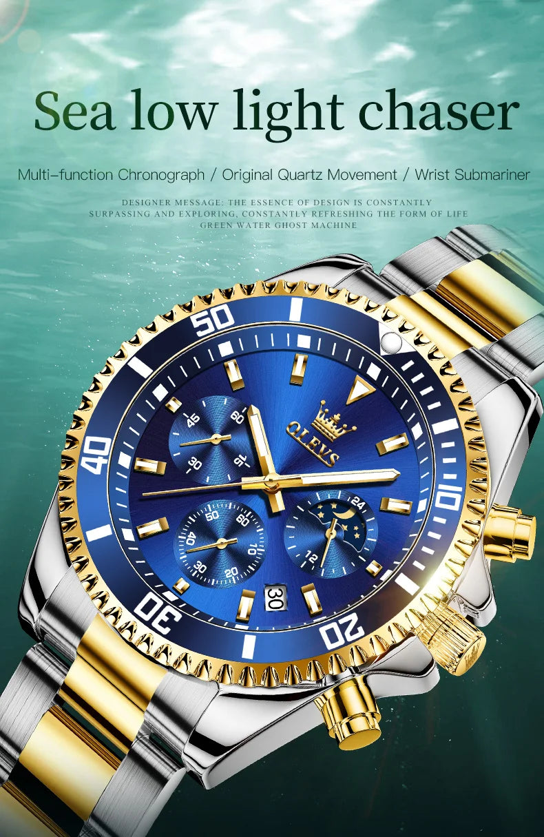 OLEVS Original Quartz Watch for Men Stainless Steel Waterproof Chronograph Moon Phase Auto Date Luxury Men's Sports Wristwatches - EverythingWhatYouWant