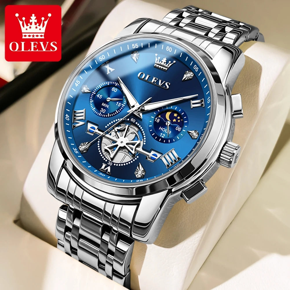 OLEVS 2856 Quartz Watch for Men Flywheel Skeleton Chronograph Moon Phase Multifunctional Stainless steel Men's Wristwatches - EverythingWhatYouWant