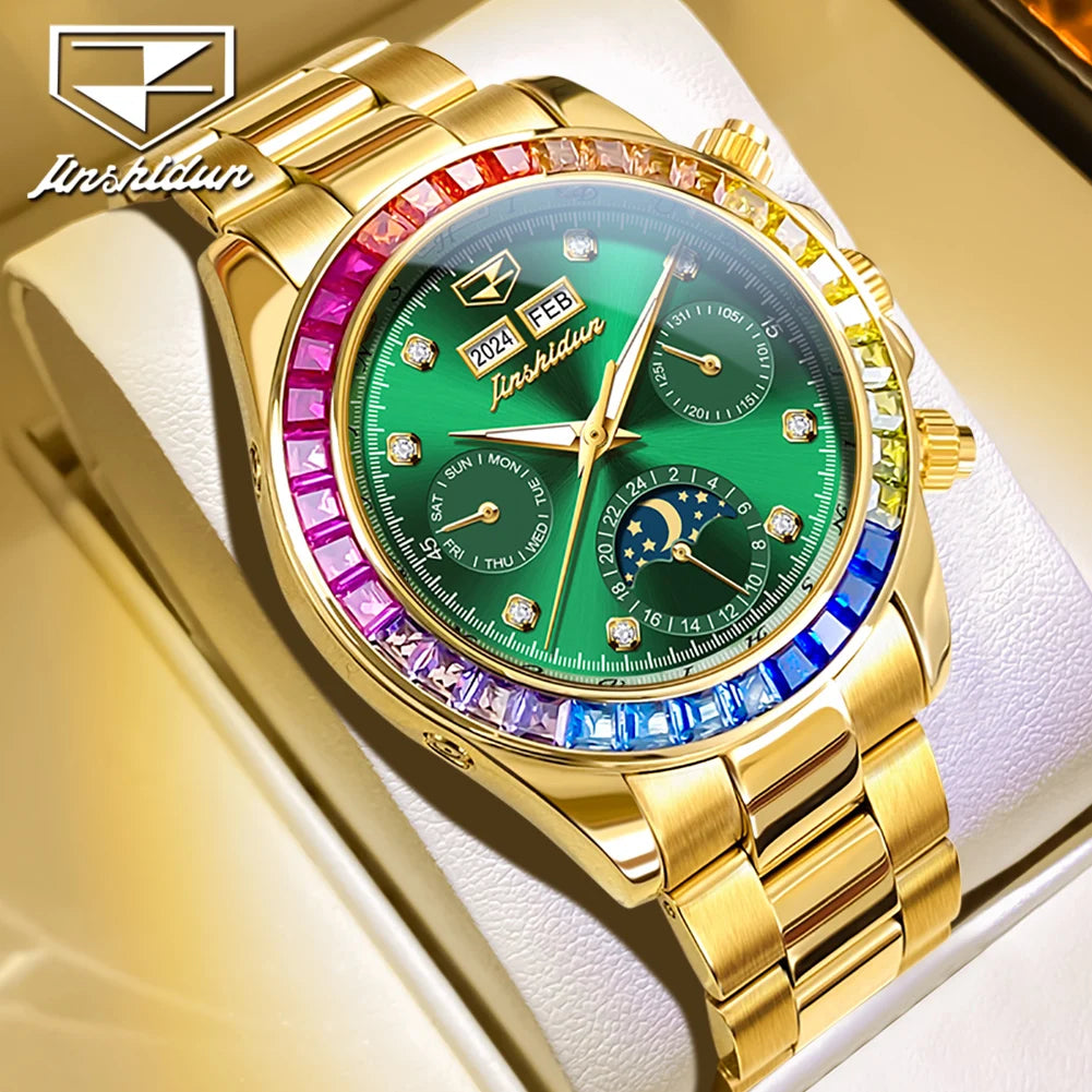 JSDUN 8974 New Moon Phase Automatic Watch for Men Gold Steel Strap Rainbow Diamond Lap Luxury Original Brand Mehcanical Watches - EverythingWhatYouWant