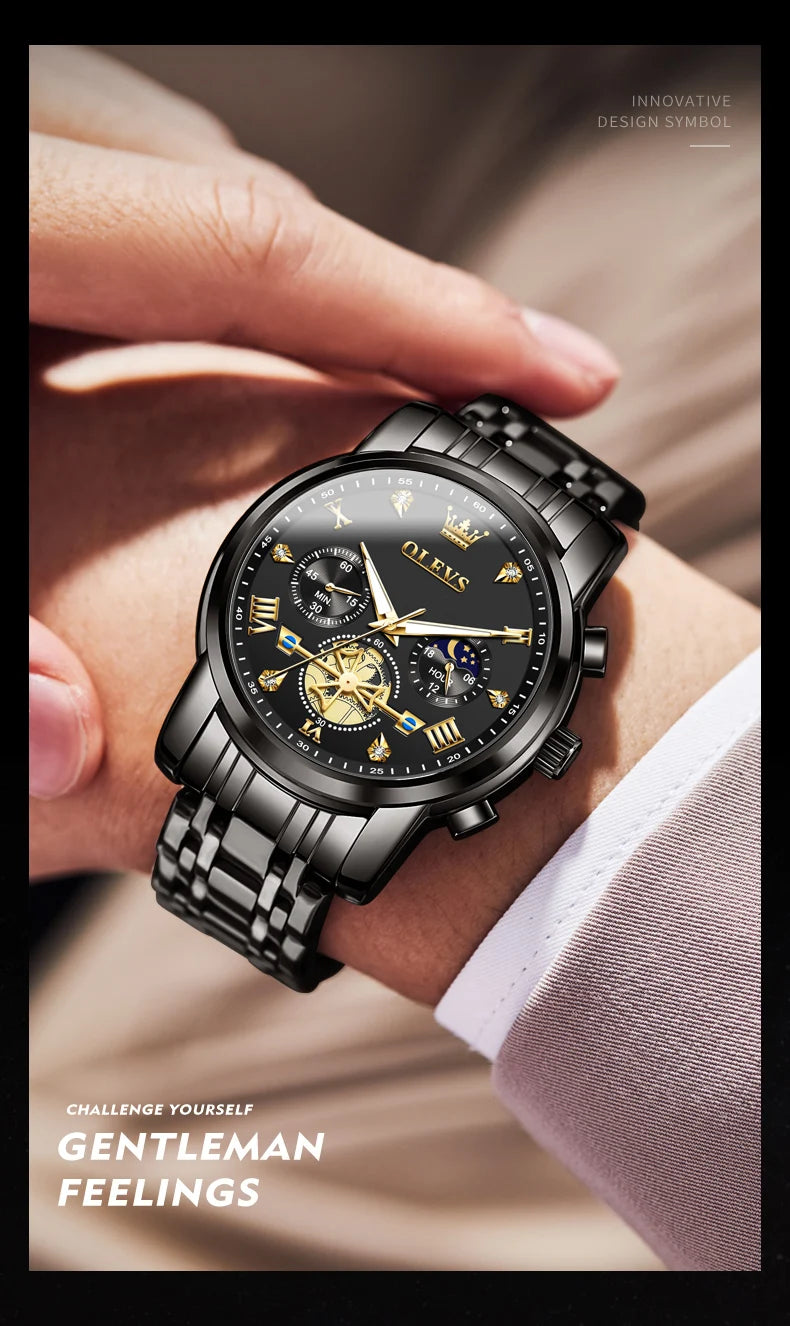 OLEVS 2856 Quartz Watch for Men Flywheel Skeleton Chronograph Moon Phase Multifunctional Stainless steel Men's Wristwatches - EverythingWhatYouWant