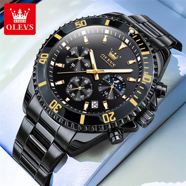 OLEVS Original Quartz Watch for Men Stainless Steel Waterproof Chronograph Moon Phase Auto Date Luxury Men's Sports Wristwatches - EverythingWhatYouWant