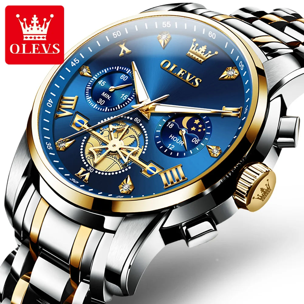 OLEVS 2856 Quartz Watch for Men Flywheel Skeleton Chronograph Moon Phase Multifunctional Stainless steel Men's Wristwatches - EverythingWhatYouWant