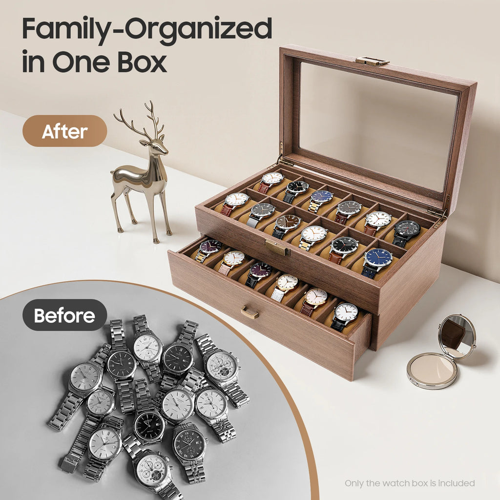 2-Tier Watch Holder Organizer With 24 Compartments Large Capacity Watch Box Wood Watch Case for Men and Women - EverythingWhatYouWant