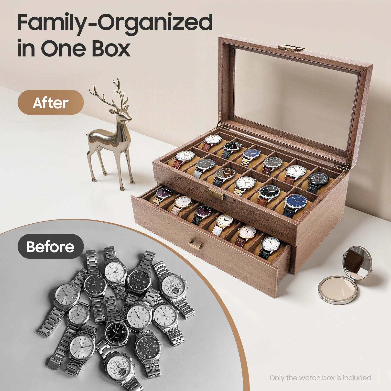 2-Tier Watch Holder Organizer With 24 Compartments Large Capacity Watch Box Wood Watch Case for Men and Women - EverythingWhatYouWant