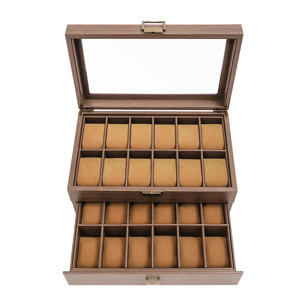 Watch Box, 2 Layers 24 Compartments, Watch Display Case with Transparent Window Veneer,Watch Box Organizer, Wooden W - EverythingWhatYouWant