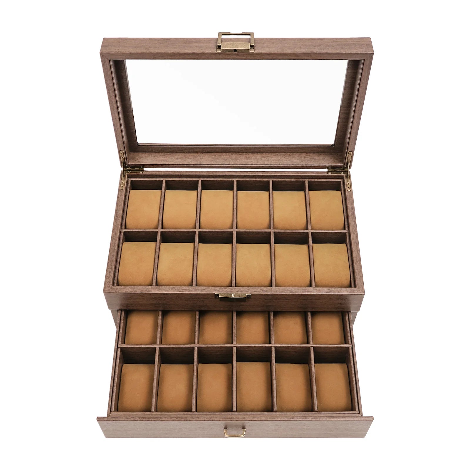 Watch Box, 2 Layers 24 Compartments, Watch Display Case with Transparent Window Veneer,Watch Box Organizer, Wooden W - EverythingWhatYouWant