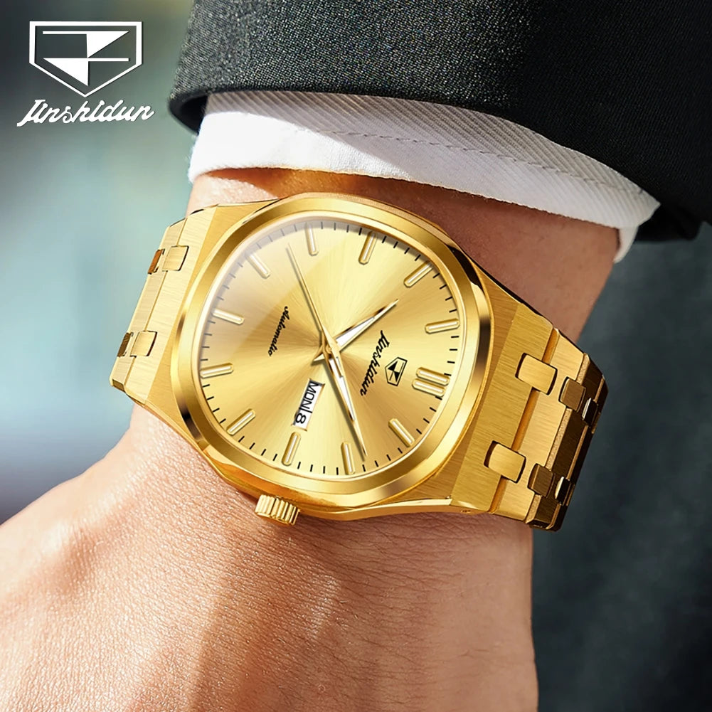 JSDUN 8966 Full Gold Watch for Men Automatic Mechanical Dual Calendar Display Waterproof Night light Man Wristwatch - EverythingWhatYouWant