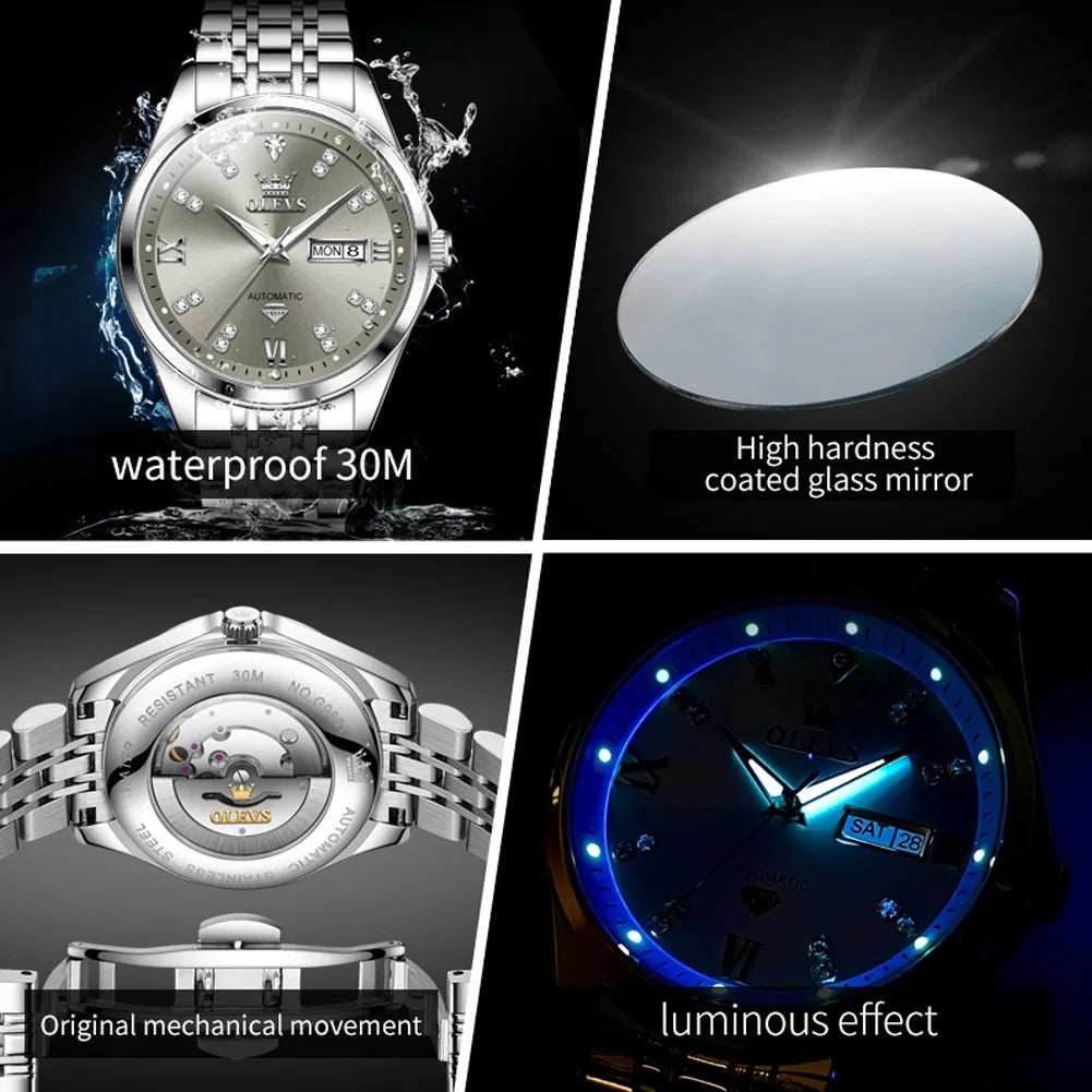 OLEVS 9801 Mens Watch Original Waterproof Luminous Watches For Men Automatic Mechanical Watch Dual Calendar Display Mens Gifts - EverythingWhatYouWant