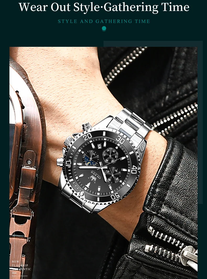 OLEVS Original Quartz Watch for Men Stainless Steel Waterproof Chronograph Moon Phase Auto Date Luxury Men's Sports Wristwatches - EverythingWhatYouWant